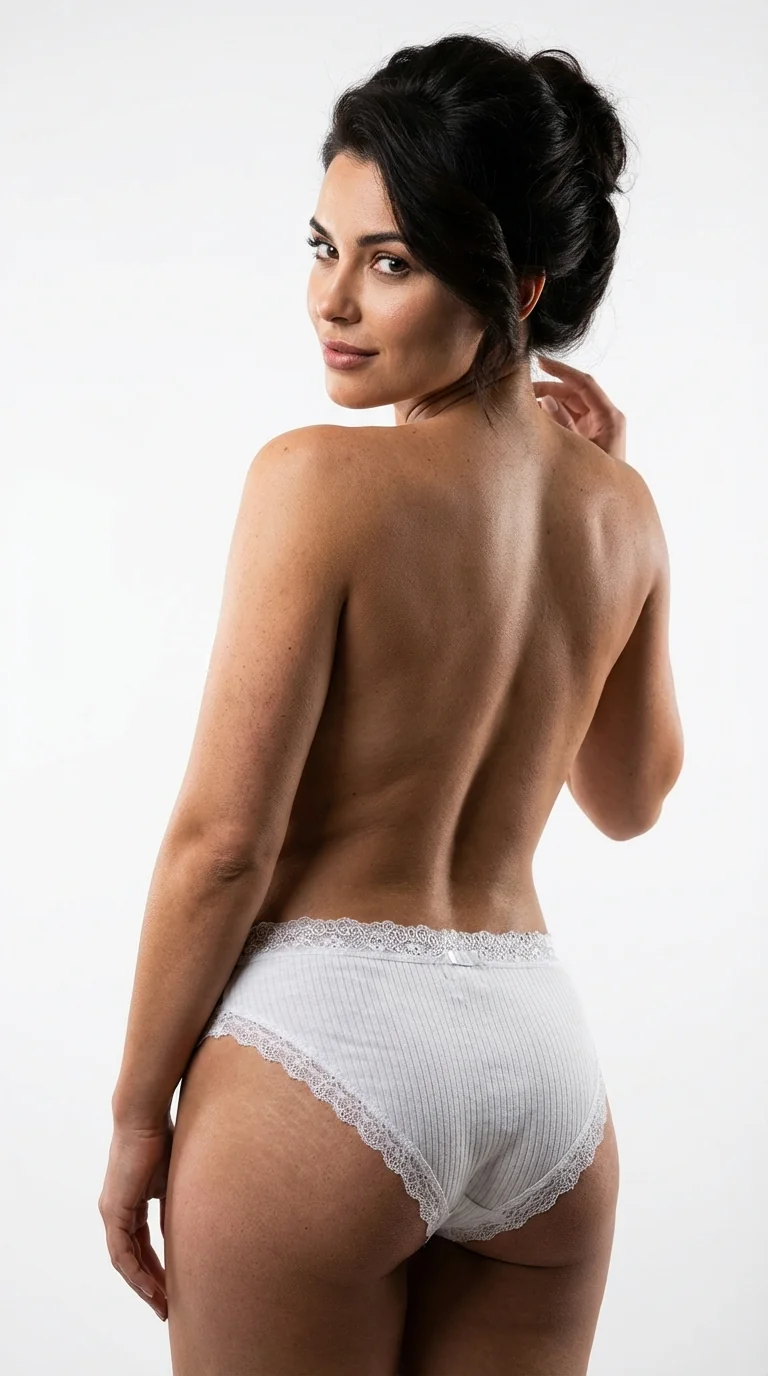 Beyaz Fitilli (Ribbed) Bikini Külot - Arka Görünüm